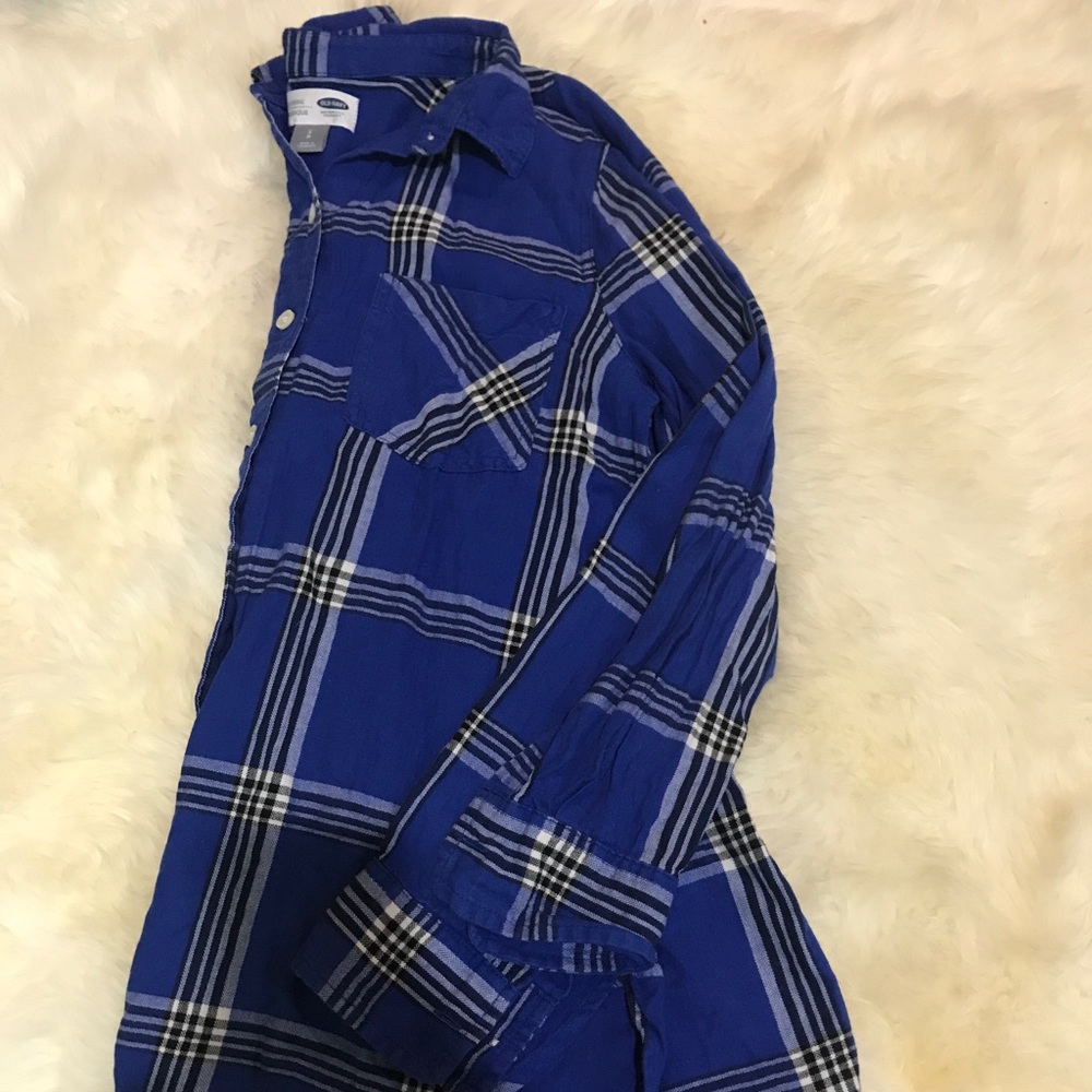 Royal blue, button up, plaid shirt.